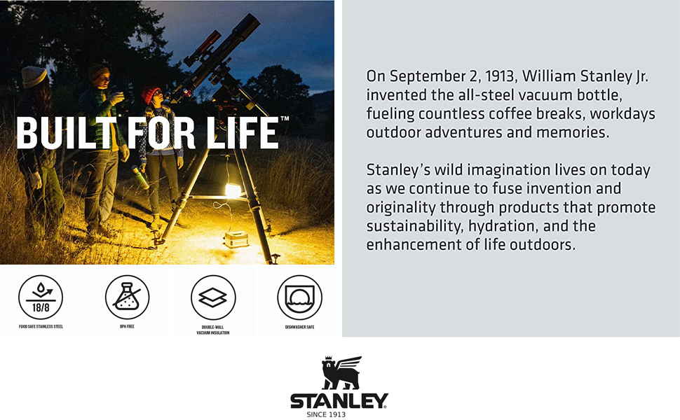 Stanley's iconic 'Built for Life' slogan emblazoned on the Hammertone Green background, symbolizing the brand's commitment to durability and quality.