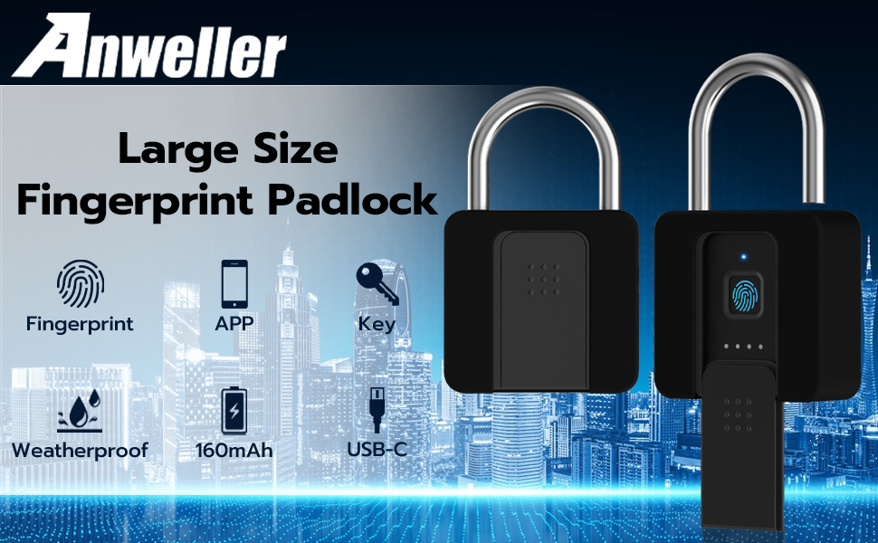 Anweller Fingerprint Padlock with Key Backup, Weatherproof Biometric Bluetooth APP Controlled Keyless Smart Electronic Combination Lock for Outdoor Fence Gate Pool Shed Gym Locker Yard Truck