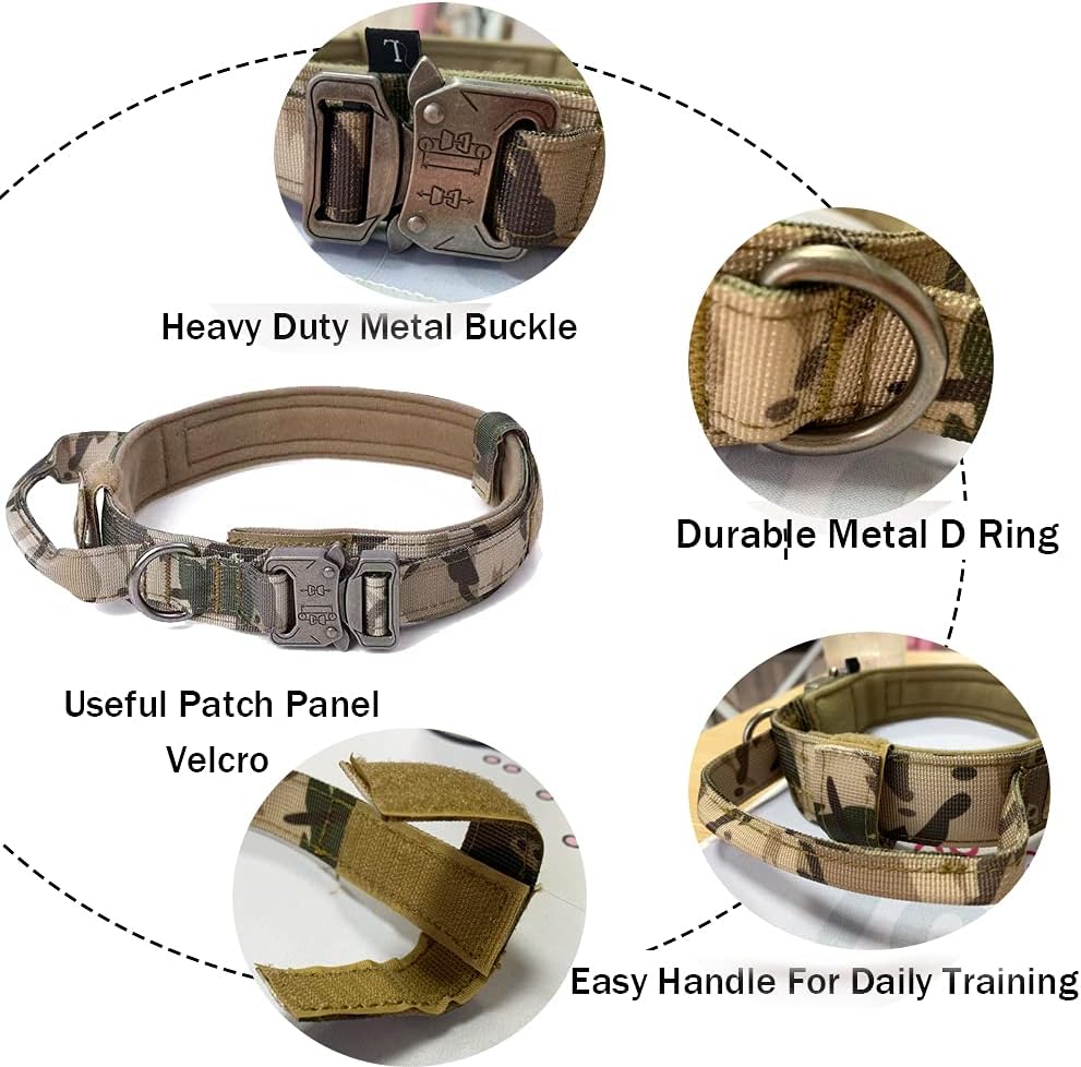 Tactical Dog Collar Military Dog Collar Adjustable Nylon Dog Collar Heavy Duty Metal Buckle with Handle for Dog Training