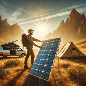 A modern nomad setting up a portable solar panel in a scenic outdoor location, with a van or tent nearby, surrounded by mountains or desert landscape. The sun is shining brightly, emphasizing renewable energy in action.