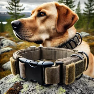 Tactical dog collar with heavy-duty buckle, handle, and Velcro patches, worn by a Labrador in an outdoor adventure setting.