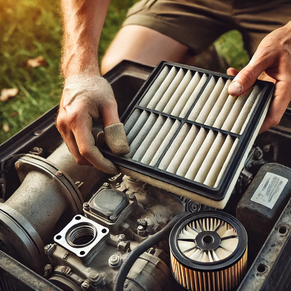 A person removing and inspecting a dusty air filter from a generator, with a clean replacement nearby.
