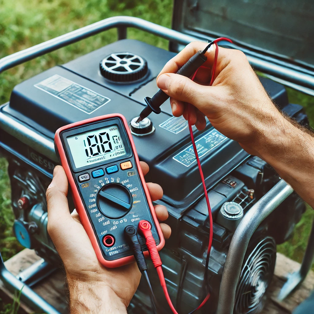 A person using a multimeter to test a generator battery, with clear digital readings visible on the screen.