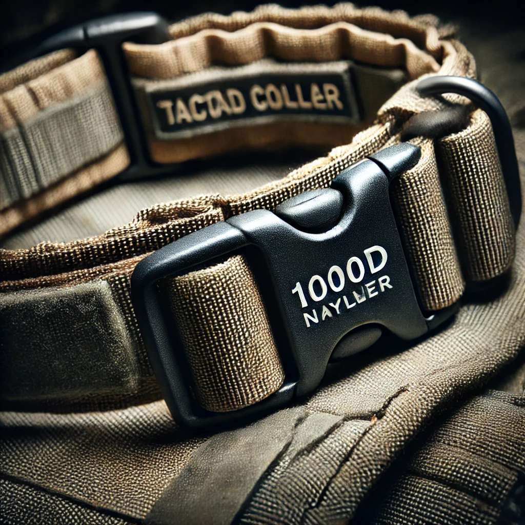 Close-up of the tactical dog collar showing durable nylon, metal buckle, and soft padding for comfort.