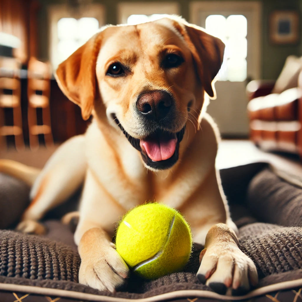 A Yellow Labrador Retriever lying on a dog bed, happily chewing on a durable yellow tennis ball in a warm and cozy indoor setting.