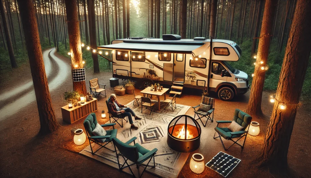 A modern RV parked in a dense forest with an outdoor campsite featuring a fire pit, camping chairs, and solar-powered string lights for ambiance.