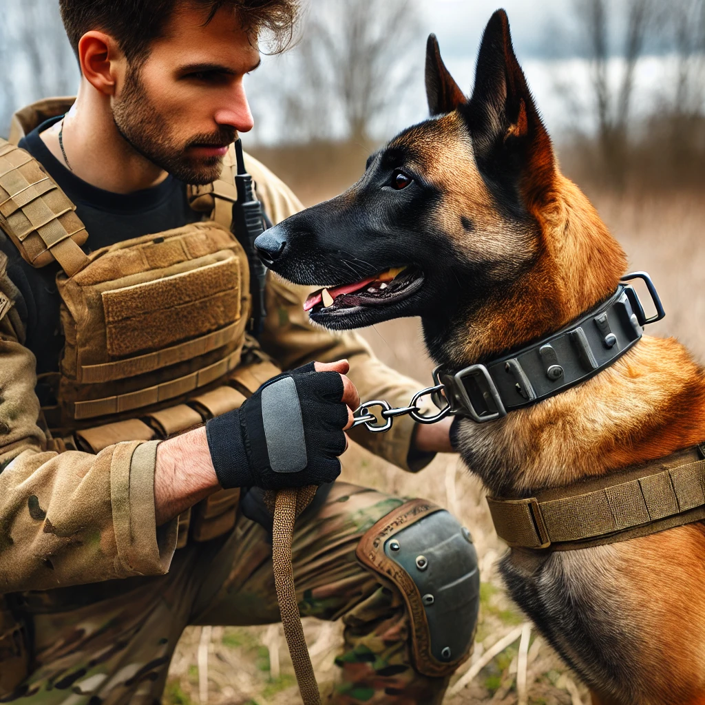 Dog trainer using the tactical dog collar’s reinforced handle during training with a Belgian Malinois.