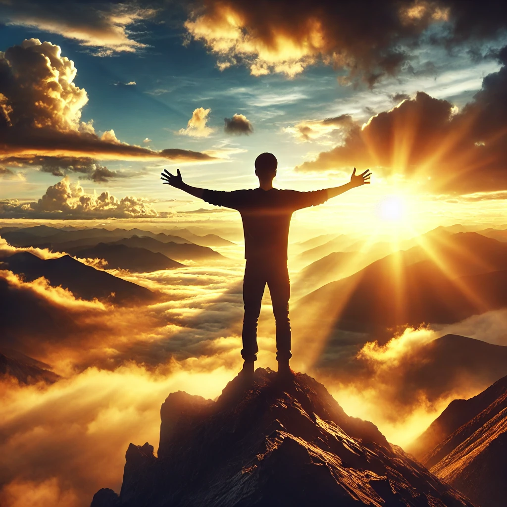 A powerful visual of a person standing on a mountain peak with arms wide open, looking at a vast horizon, symbolizing complete freedom, resilience, and the joy of letting go. The lighting is bright and golden, representing hope and new beginnings.