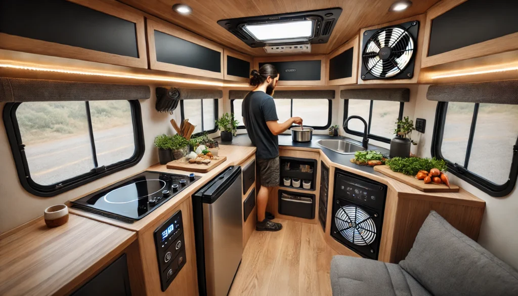 An off-grid RV kitchen with an energy-efficient induction cooktop, DC-powered refrigerator, and solar-powered fan, as a traveler prepares a fresh meal.