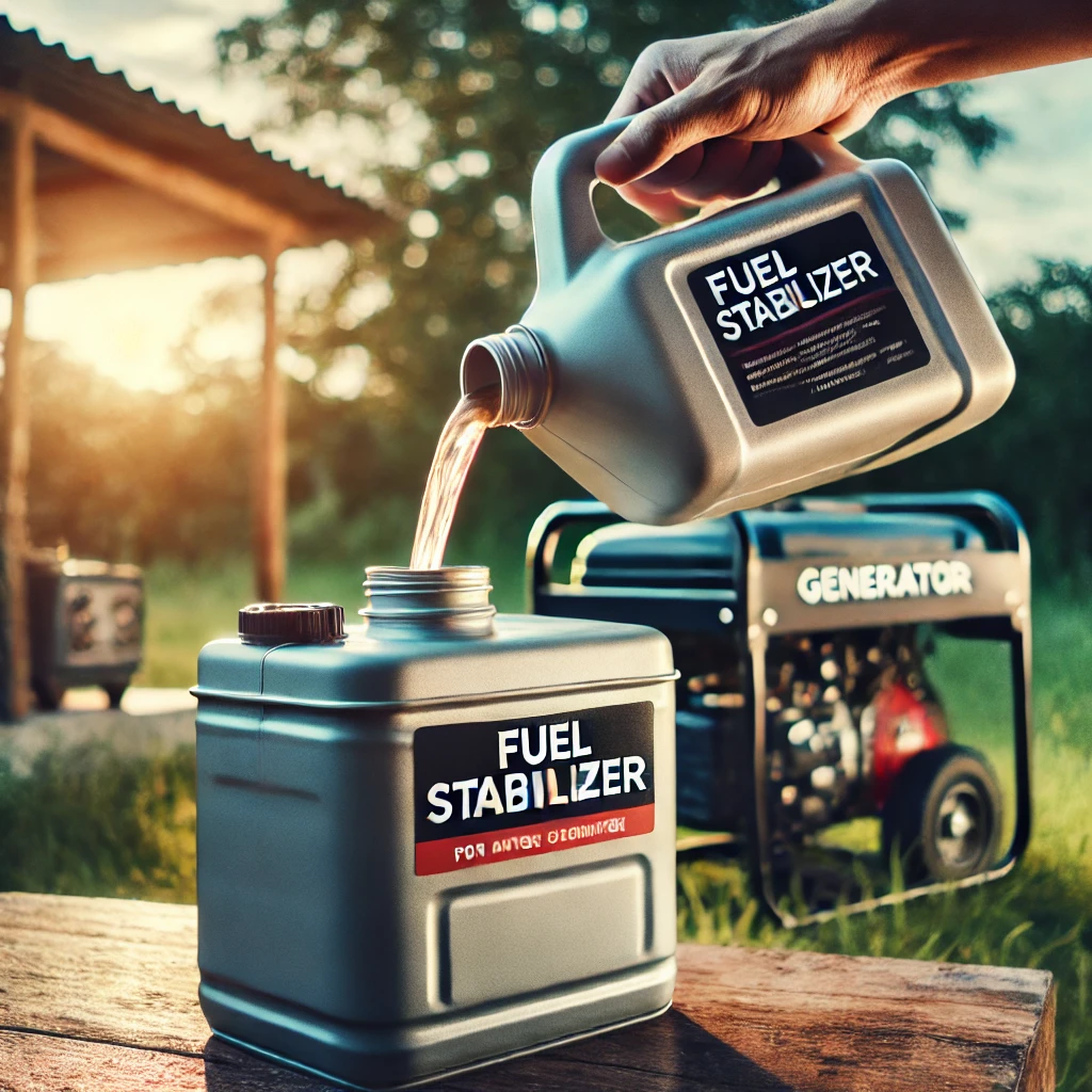 A fuel stabilizer being added to a fuel canister, with a generator in the background. The scene is well-lit and organized.