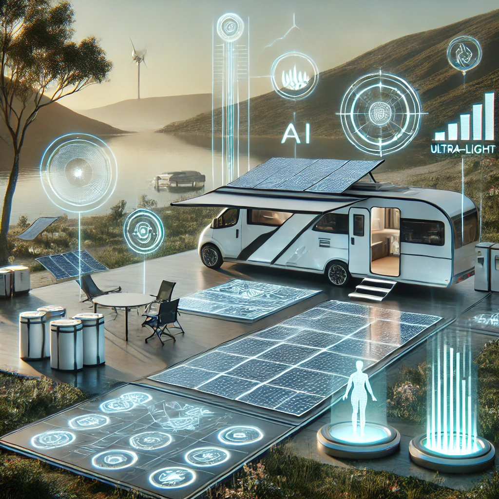 A futuristic concept of a nomadic off-grid setup featuring flexible solar panels, AI-driven energy monitoring, and ultra-light power storage.