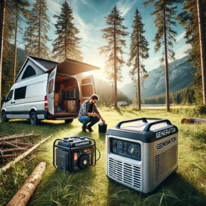 A high-quality image of a portable generator in an off-grid setting, such as next to a campervan in a forest or desert. The generator is clean and well-maintained, with a person checking the oil or inspecting the battery. The background has a beautiful, natural landscape, emphasizing self-sufficiency and adventure.