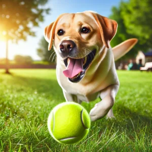 A happy Yellow Labrador Retriever joyfully chasing a Penn Championship Tennis Ball in a lush green park, showcasing its excitement and the ball’s durability.