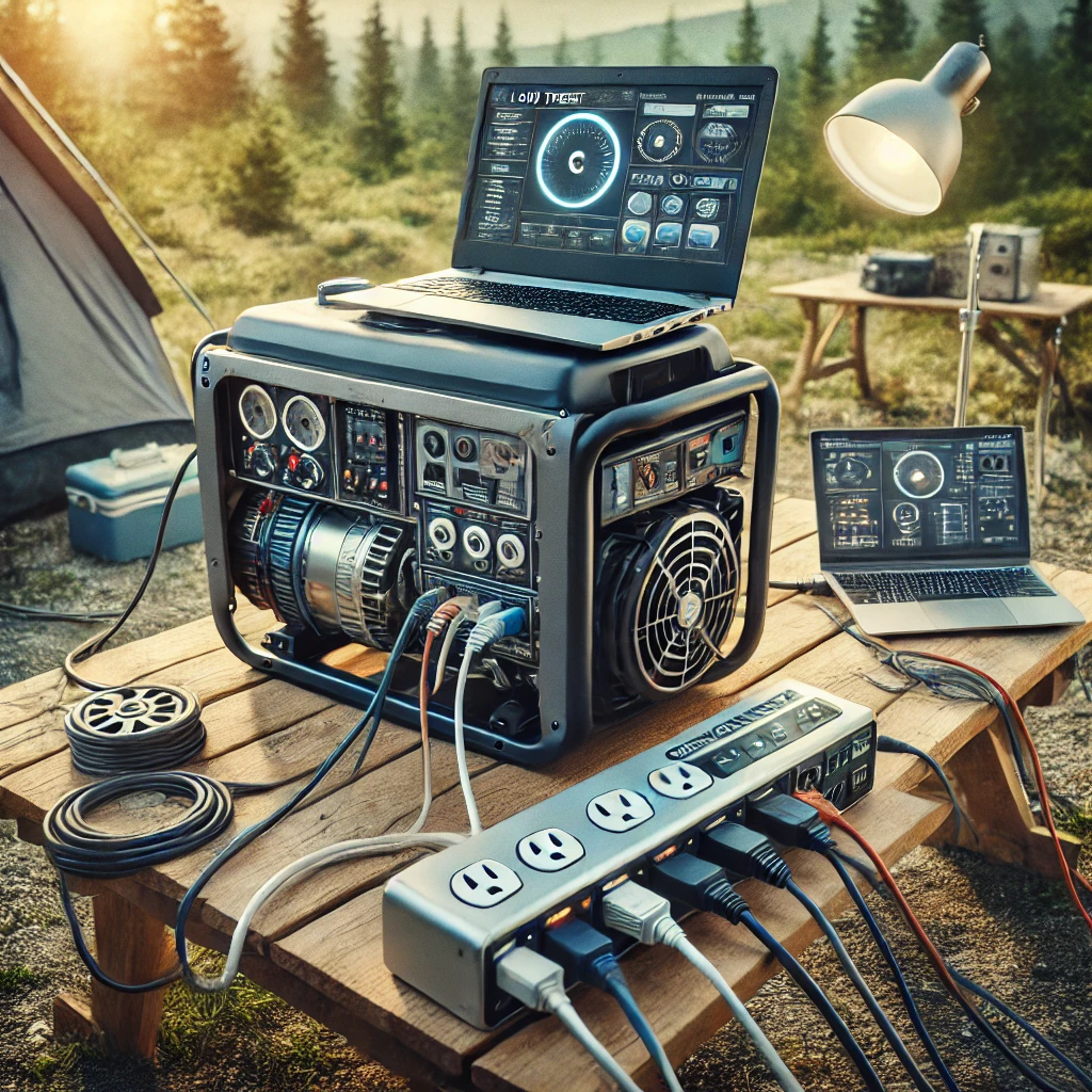 A generator running with various electrical devices connected, demonstrating a real-world load test in an off-grid setup.