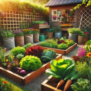 A thriving seasonal garden with leafy greens, root vegetables, and flowers, featuring raised beds and felt planting bags in natural sunlight.