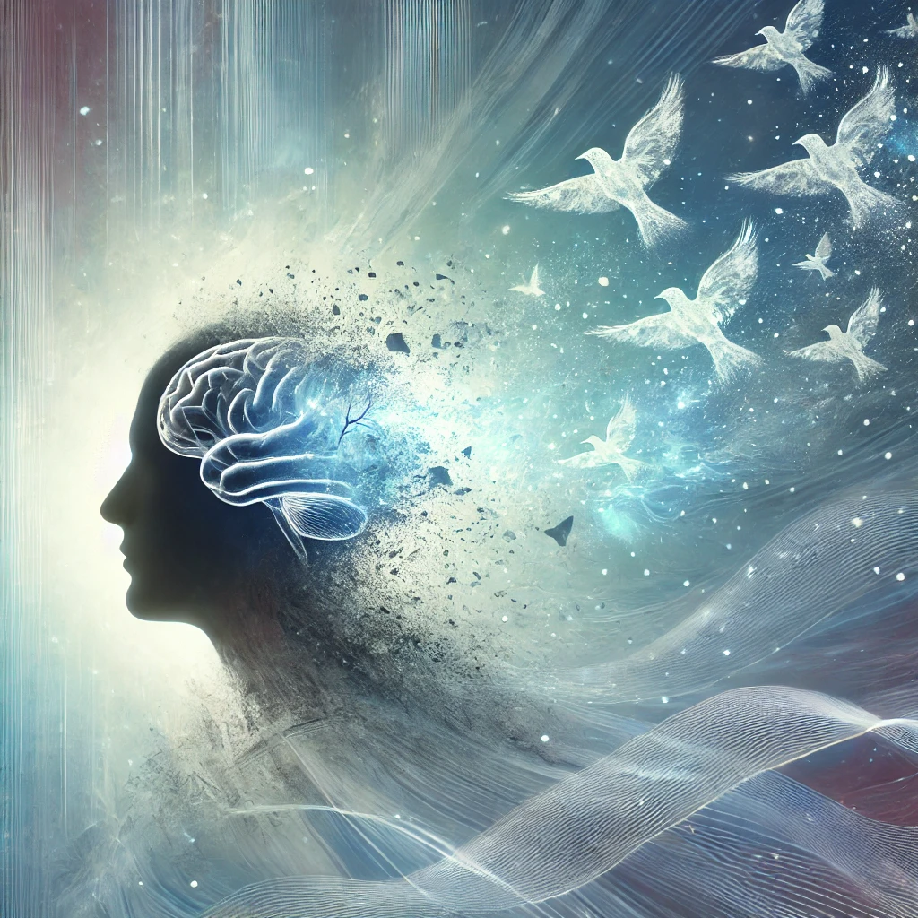 A conceptual image of a mind transforming—perhaps a silhouette of a person with a brain dissolving into birds flying away, representing breaking free from rigid thought patterns. The background is abstract, with gentle swirls of blue and white light, symbolizing clarity and adaptability.