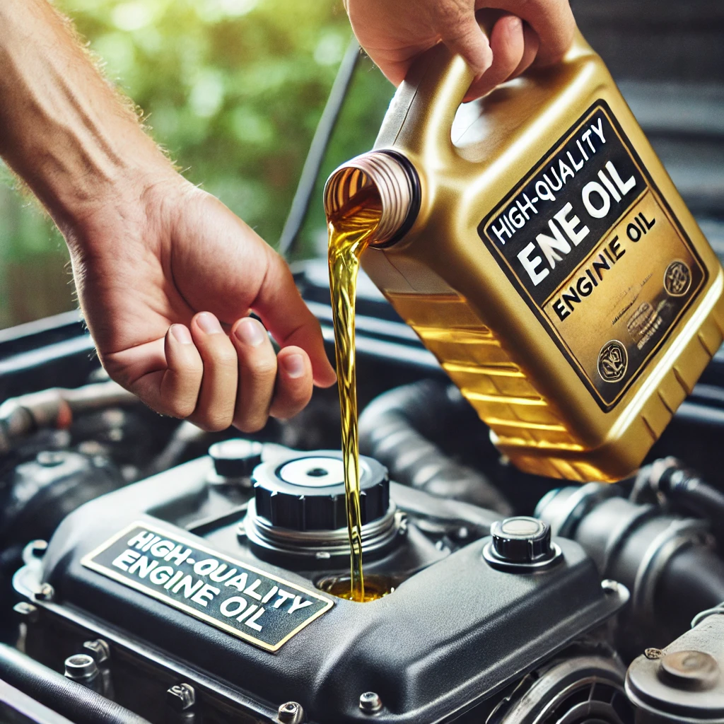 A close-up of hands pouring fresh oil into a generator, with a bottle labeled "high-quality engine oil" in the frame.