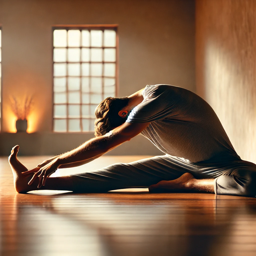 A person practicing deep stretching in a tranquil studio with soft lighting, embodying physical flexibility and relaxation. They could be in a deep lunge stretch or seated forward fold, with a serene expression, symbolizing the connection between body and mind.