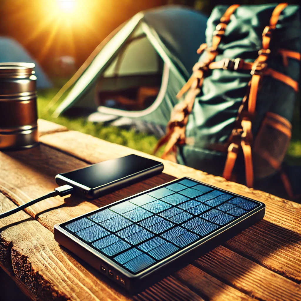 Close-up of a foldable solar panel charging a power bank on a wooden campsite table, with a tent and backpack in the background.