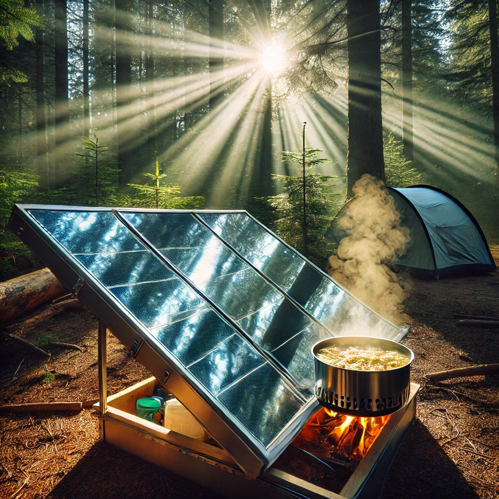 A solar oven reflecting sunlight while cooking a meal in a quiet forest clearing, steam rising from the food.