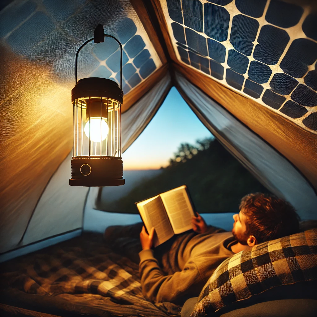 A solar-powered lantern hanging inside a tent at dusk, casting a warm glow while a person reads a book.