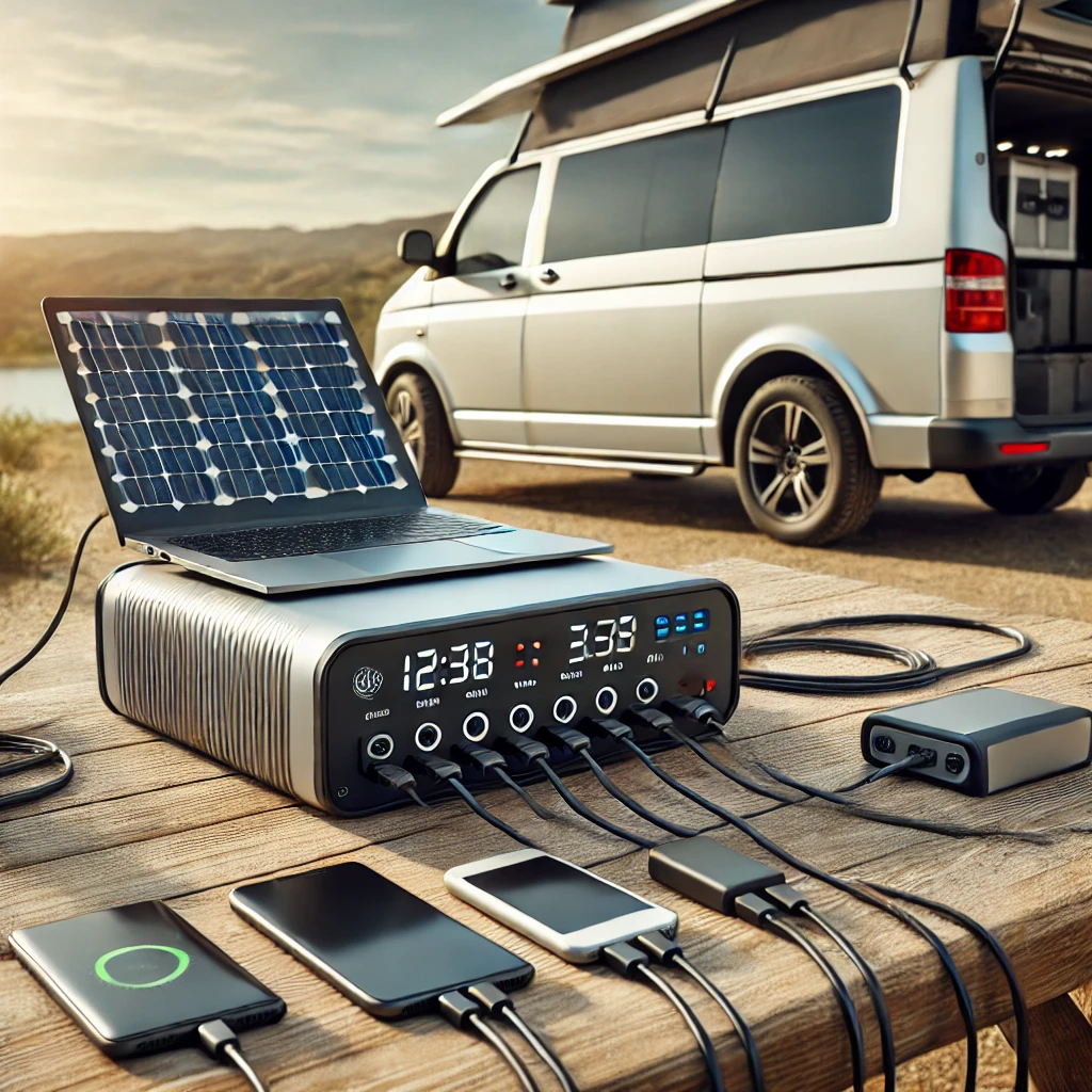 A sleek lithium-ion solar battery with multiple devices plugged in, set up next to a van under the open sky.