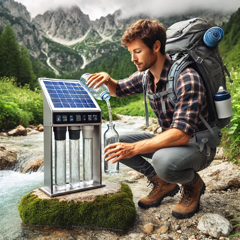 A traveler filling a bottle with purified water from a solar-powered filtration system beside a mountain stream.