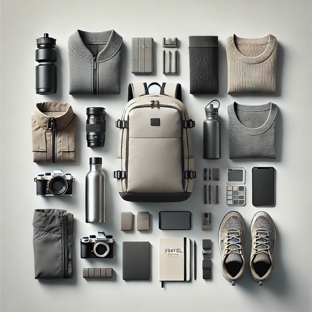 A neatly packed minimalist travel backpack with essential gear for efficient nomadic living.