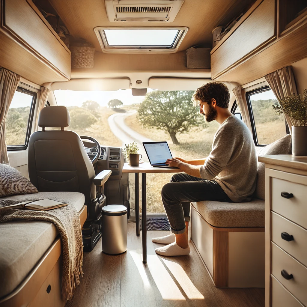 A digital nomad working on a laptop inside a minimalistic camper van, showcasing financial freedom through a simplified lifestyle.