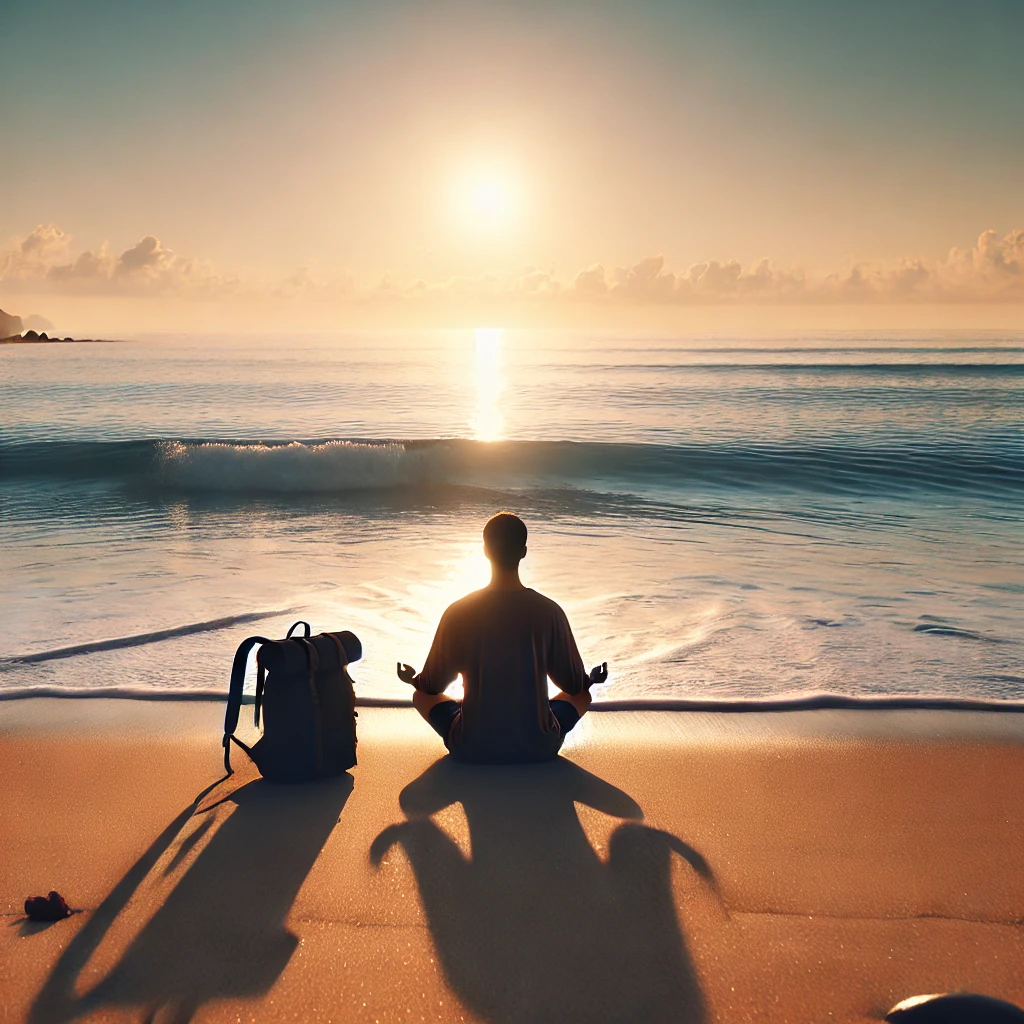 A minimalist traveler meditating on a beach, emphasizing the mental clarity benefits of reducing material possessions.