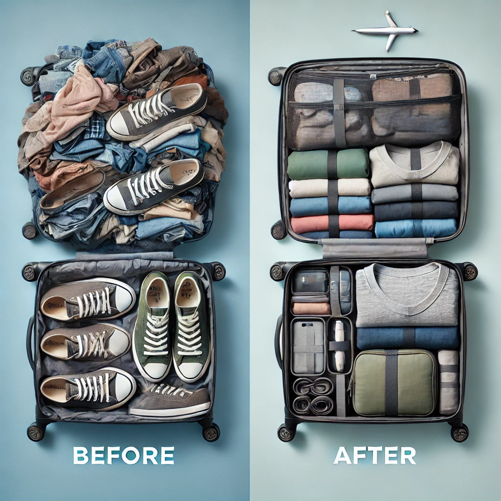A comparison of an overfilled suitcase vs. a minimalist-packed suitcase, demonstrating efficient downsizing strategies for travelers.