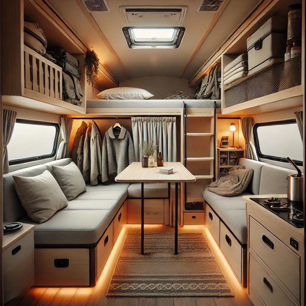 A well-organized minimalist camper van interior with smart storage and foldable furniture for nomadic living.