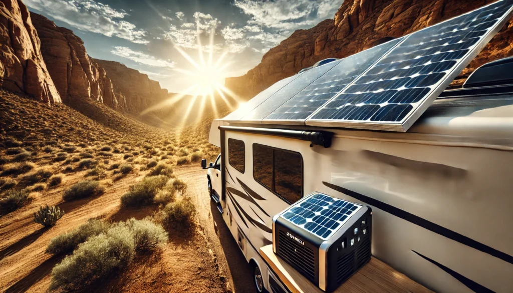 A modern RV with rooftop solar panels capturing sunlight in a remote desert landscape, featuring a portable solar generator and rugged terrain.