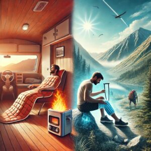 A traveler using a heating pad inside a campervan while another hiker applies a cold pack on their knee, set against a scenic mountain landscape.