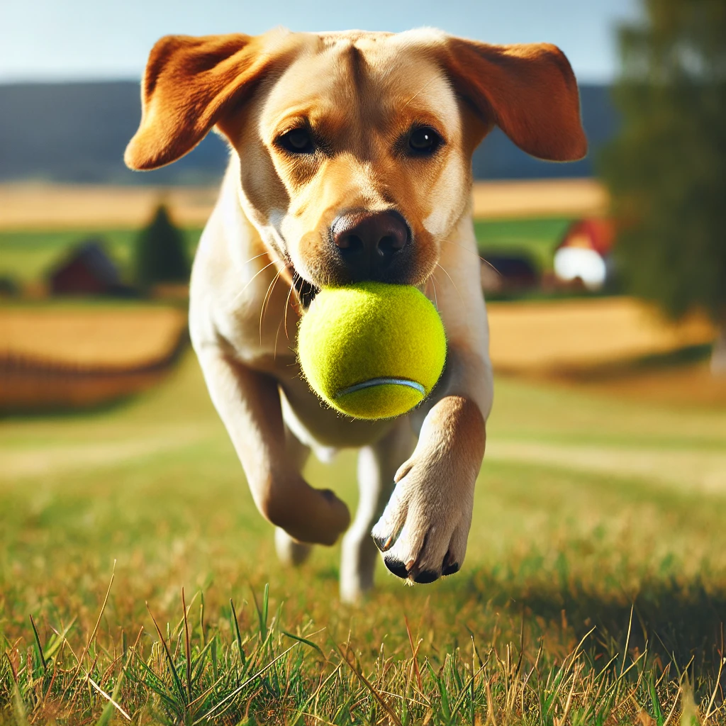 A Yellow Labrador Retriever running energetically in an open field, eagerly chasing a durable yellow tennis ball.