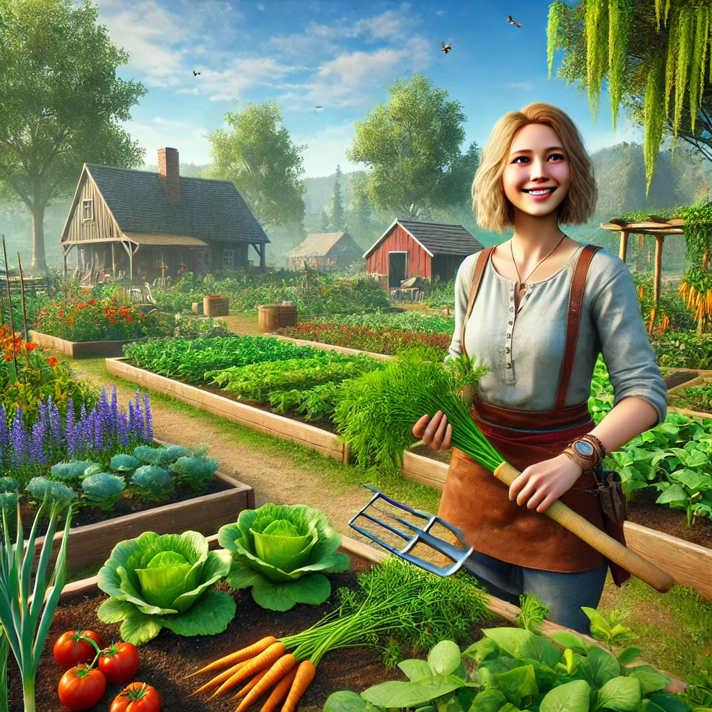 A lush vegetable garden in a tranquil village setting with a smiling female gardener named Freya tending to the garden. The garden features vibrant vegetables like carrots, tomatoes, and lettuce under a clear blue sky.