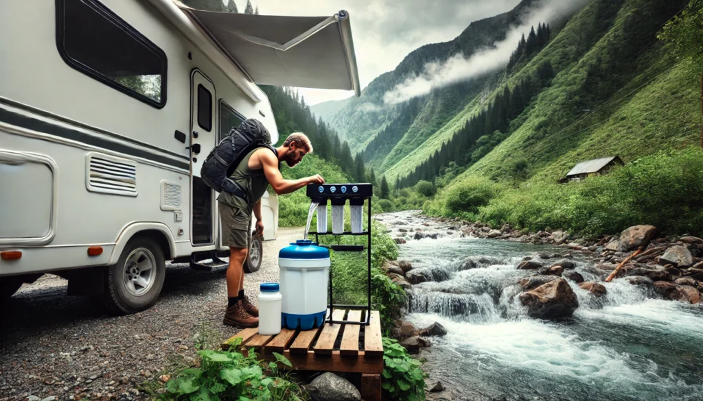 A nomadic traveler refilling an RV's water tank using a portable filtration system from a natural stream, set against lush green mountains and a flowing river.