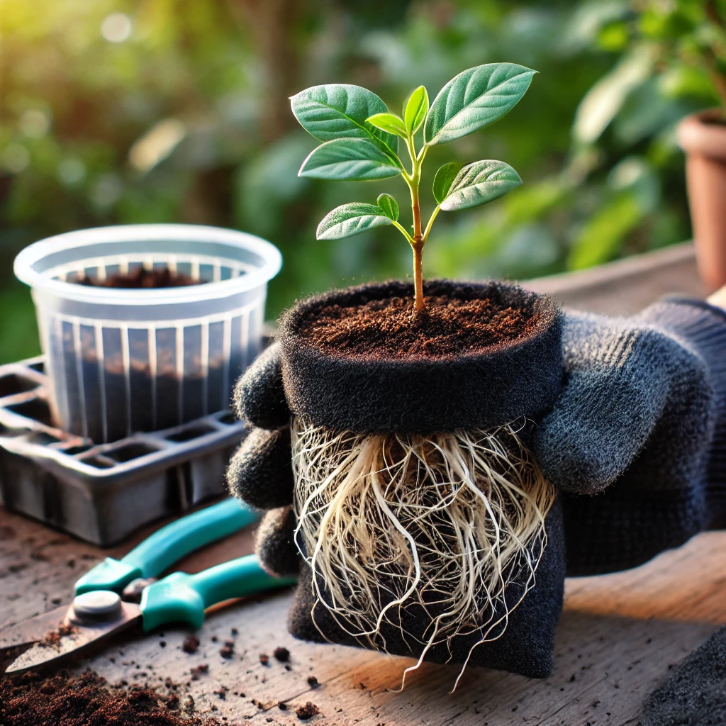 A felt planting bag with a healthy young plant and visible air-pruned roots, compared to a plastic pot with root circling.