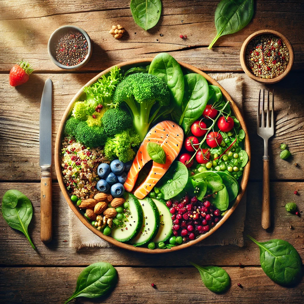 A top-down view of a colorful, balanced meal featuring leafy greens, salmon, quinoa, berries, and nuts. The plate is artfully arranged on a rustic wooden table with natural lighting.