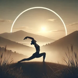 A serene and minimalist composition featuring a person stretching outdoors at sunrise, symbolizing a fresh start and emotional release. The subject is in a deep yoga pose, such as a forward fold or backbend, with a peaceful expression. The background consists of a misty mountain landscape or a tranquil beach, evoking a sense of freedom and mental clarity. The image should have soft, natural lighting with warm hues, representing calmness and self-discovery.