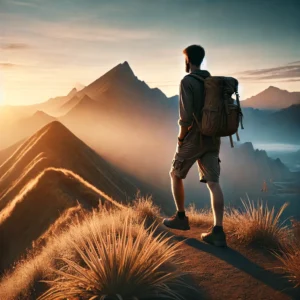 A minimalist traveler walking along a mountain ridge at sunrise, symbolizing freedom and simplicity in the nomadic lifestyle.