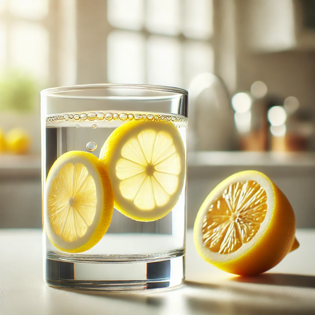 A close-up of a glass of water with lemon slices, set on a bright kitchen counter, symbolizing hydration and simple, healthy habits.