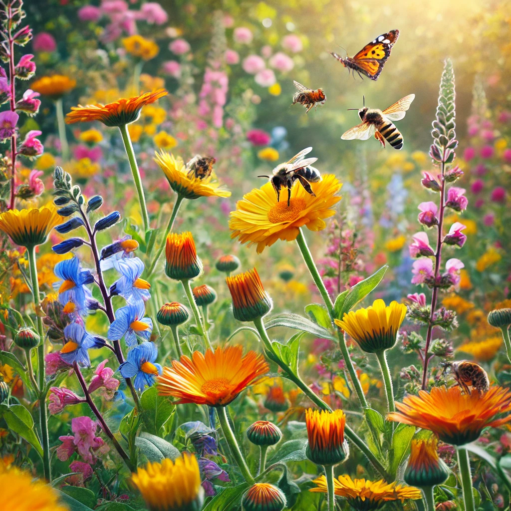 A colorful garden with bees and butterflies pollinating wildflowers like calendula and snapdragons.