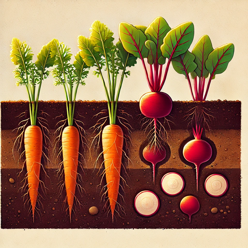 An illustrated cross-section of a garden bed showing carrots, beets, and radishes growing underground in rich soil.