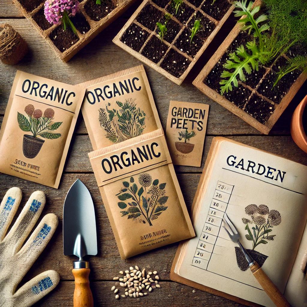 A flat lay of organic seed packets, a trowel, gardening gloves, and a notepad with a garden plan on a wooden surface.