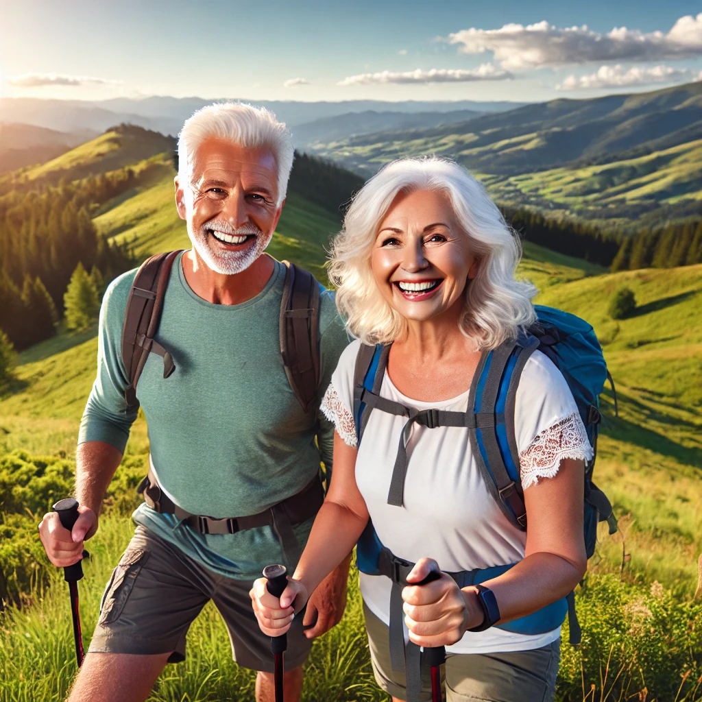 A vibrant, energetic older couple hiking on a scenic mountain trail, smiling and enjoying the outdoors. The sun is shining, and the landscape is lush and green, symbolizing health, longevity, and an active lifestyle.