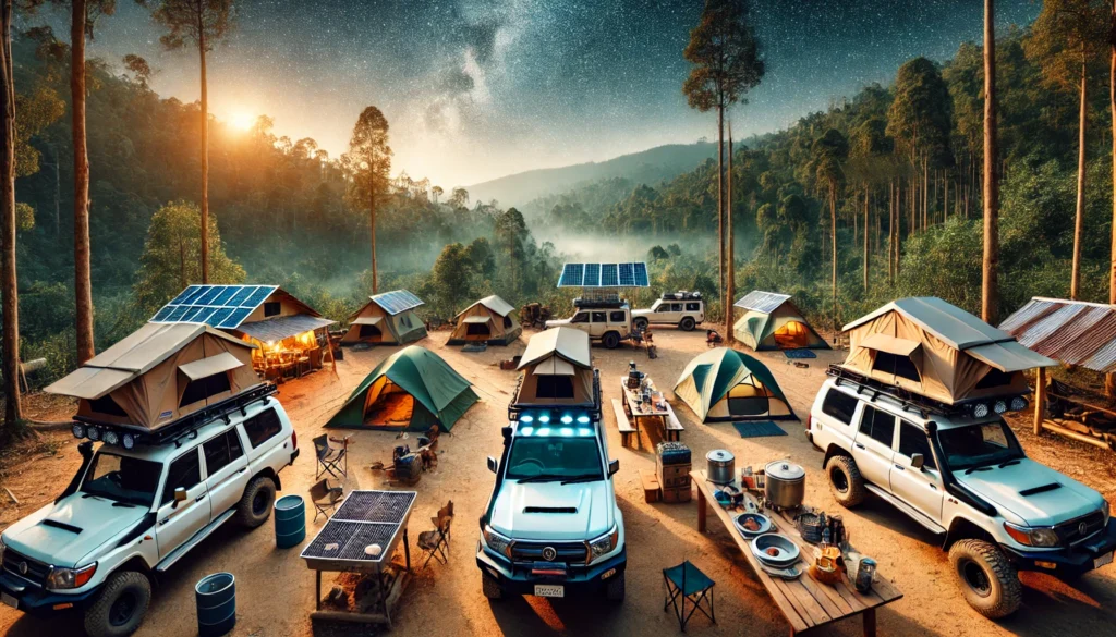 A panoramic overlanding campsite with multiple vehicles, rooftop tents, solar panels, and travelers preparing meals under a starry sky, showcasing adventure-ready gear.