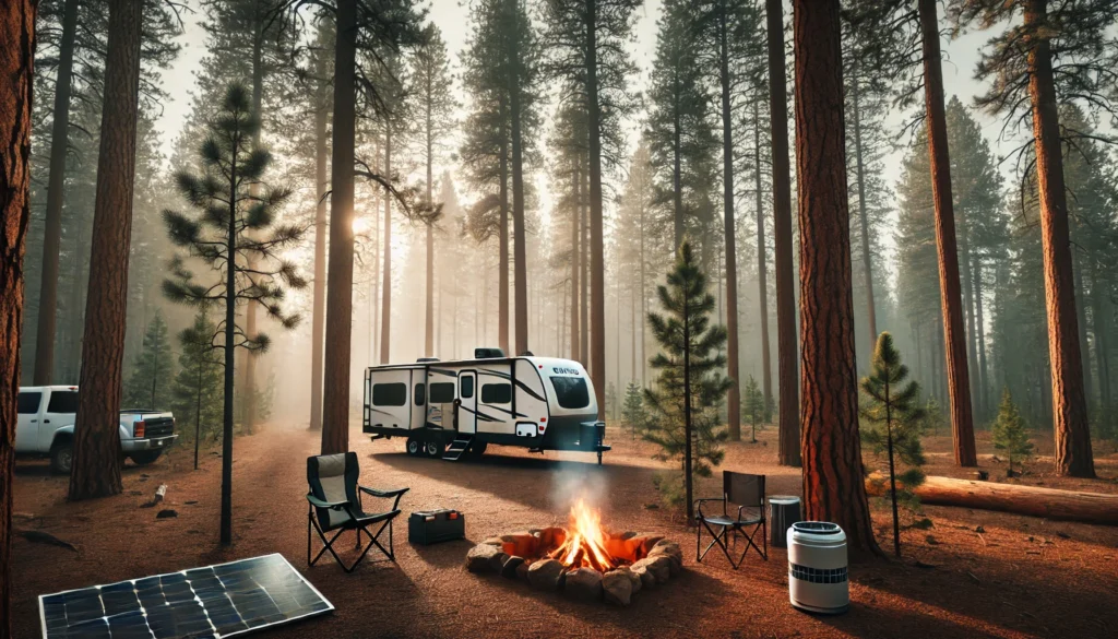 A peaceful forest boondocking scene with an RV, campfire, and solar panels.