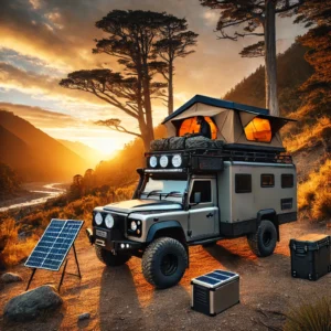A rugged overlanding vehicle set up in a remote wilderness with a rooftop tent, solar panels, and a slide-out kitchen, capturing the essence of self-sufficient travel.