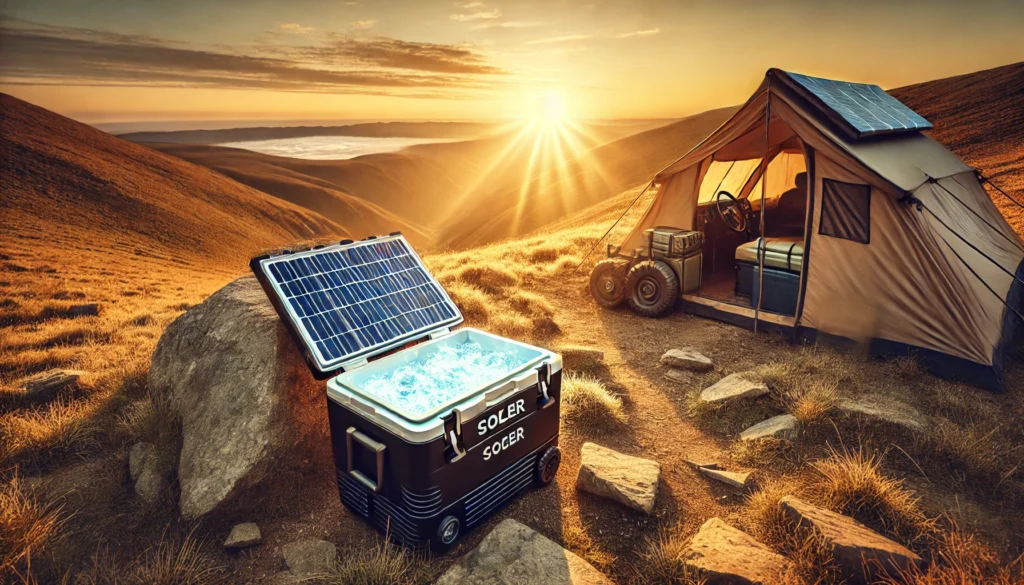 A portable cooler glowing with frost beside a small solar panel at a rugged campsite, set against rolling hills and a golden sunrise.